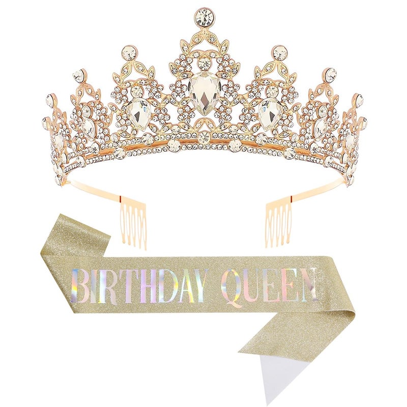 Papoopy Birthday Tiara Crown with Sash for Women, Headband Hair Accessories for Wedding Party Costume - Image 1