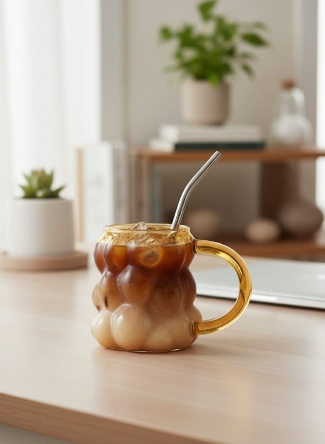 هابي هوم مج بابلز بمقبض زجاج لشرب العصائر والنسكافيه والايس كوفي (١قطعه- 350 مل-عسلى) - Image 4