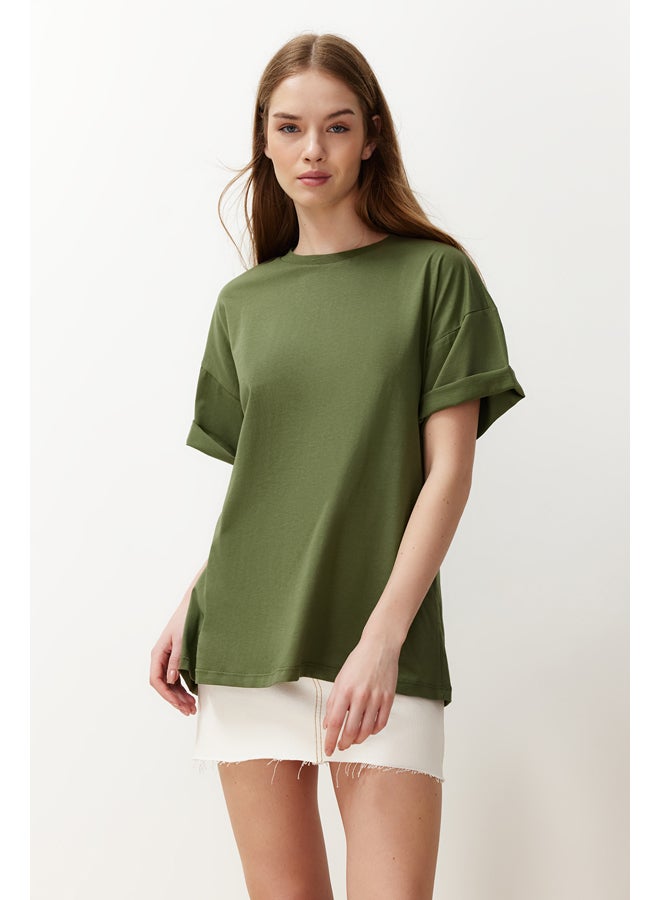 trendyol Khaki 100% Cotton Boyfriend/Wide Fit Crew Neck Knitted T-Shirt TWOSS20TS0134 - Image 1