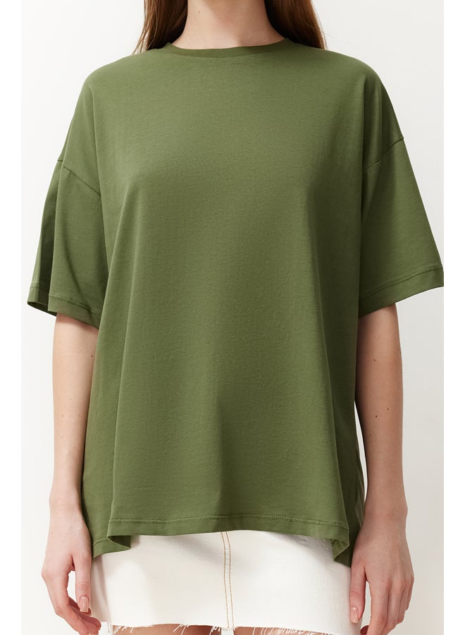 trendyol Khaki 100% Cotton Boyfriend/Wide Fit Crew Neck Knitted T-Shirt TWOSS20TS0134 - Image 4