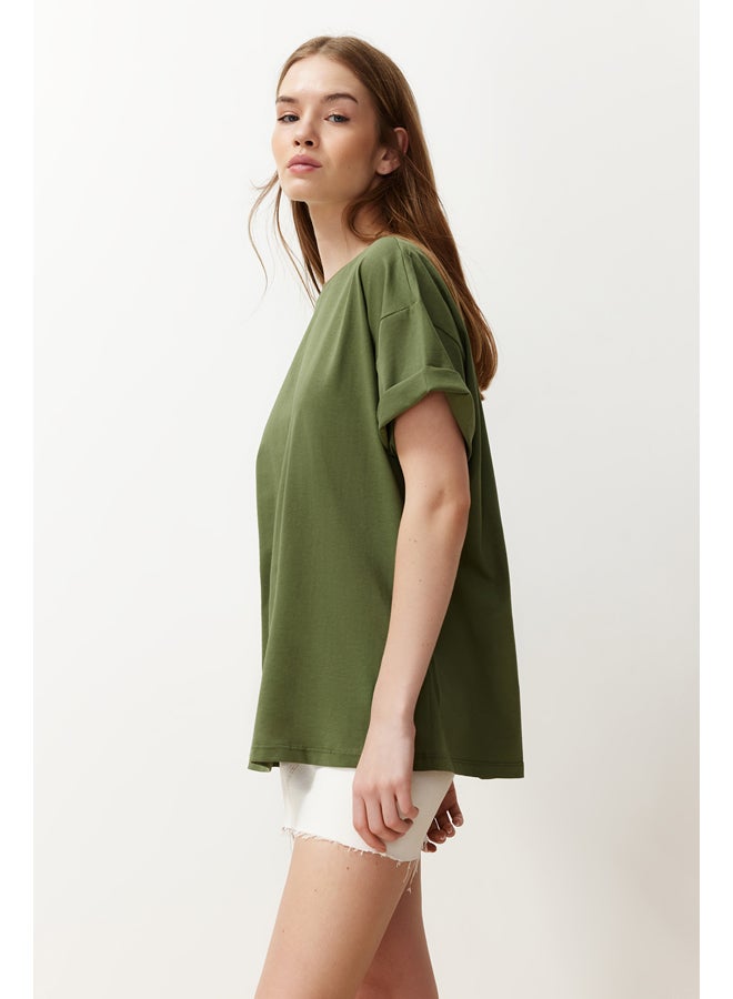 trendyol Khaki 100% Cotton Boyfriend/Wide Fit Crew Neck Knitted T-Shirt TWOSS20TS0134 - Image 2