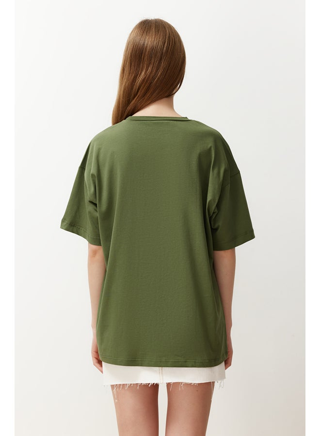 trendyol Khaki 100% Cotton Boyfriend/Wide Fit Crew Neck Knitted T-Shirt TWOSS20TS0134 - Image 5