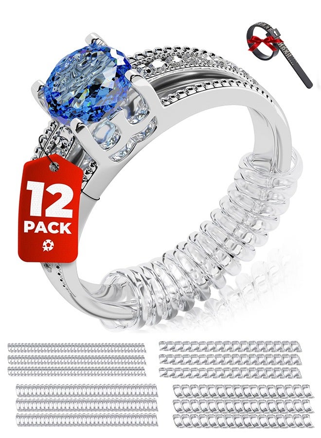 12 Pack Ring Sizer Adjuster for Loose Rings with Black Measuring Ruler, Guards, Spacers  Tighteners, Fits Bands Up to 6mm, Reduces Size by 0.5-1.5, Invisible Design for Women  Men - Image 1