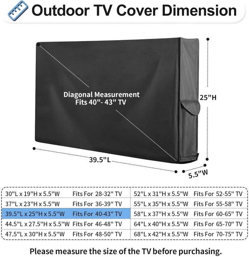 OutdoorLines غطاء تلفزيون خارجي من مقاوم للماء والعوامل الجوية م�� غطاء سفلي لتلفزيون بشاشة مسطحة مقاس 40-43 بوصة، واقي شاشة مقاوم للغبار والأشعة فوق البنفسجية، مقاس الغطاء 39.5 بوصة طول × 25 بوصة عرض × 5.5 بوصة ارتفاع، أسود - Image 2
