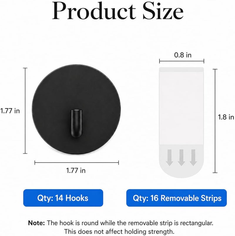 Hoousuper Removable Towel Hooks for Bathrooms, Heavy Duty Adhesive Hooks for Walls No Damage, Black Home Storage Hooks for Inside Shower, Sticky Hooks for Hanging Robe Coat Loofah Clothes Kitchen, 14Pcs Sus304 - Image 3