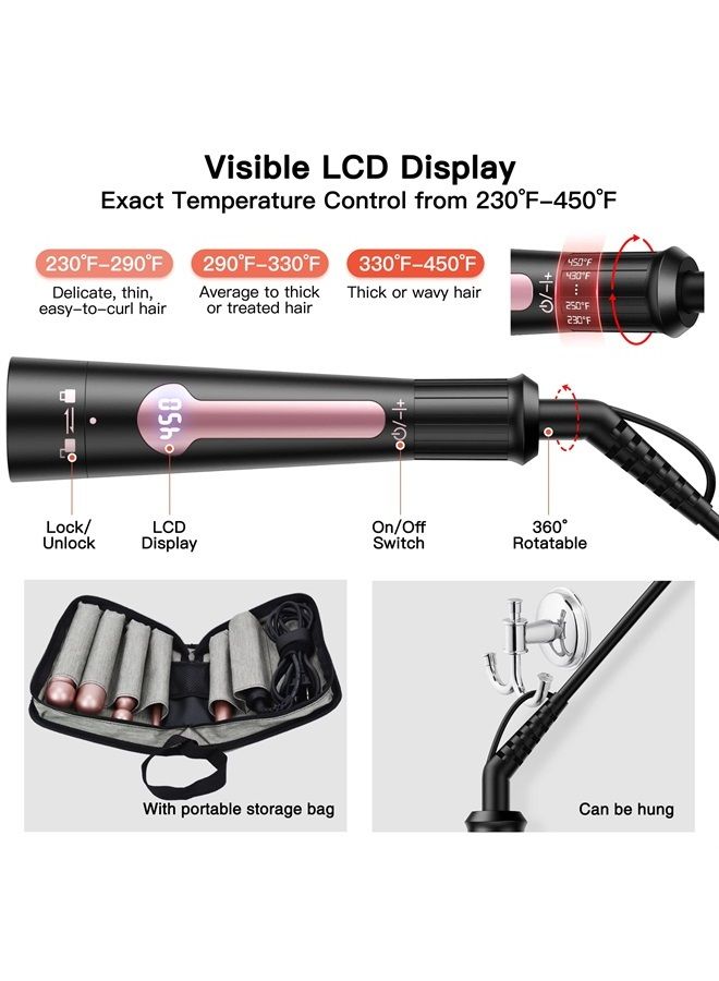 USHOW مكواة تجعيد الشعر، مجموعة 5 في 1 من عصا تجعيد الشعر، مكواة تجعيد الشعر ذات التسخين الفوري مع 5 أسطوانات سيراميك تورمالين قابلة للتبديل (0.35 بوصة إلى 1.25 بوصة)، شاشة عرض LCD للحرارة، 12 درجة حرارة قابلة للتعديل، تتضمن قفازًا - Image 2