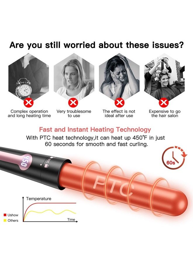 USHOW مكواة تجعيد الشعر، مجموعة 5 في 1 من عصا تجعيد الشعر، مكواة تجعيد الشعر ذات التسخين الفوري مع 5 أسطوانات سيراميك تورمالين قابلة للتبديل (0.35 بوصة إلى 1.25 بوصة)، شاشة عرض LCD للحرارة، 12 درجة حرارة قابلة للتعديل، تتضمن قفازًا - Image 4
