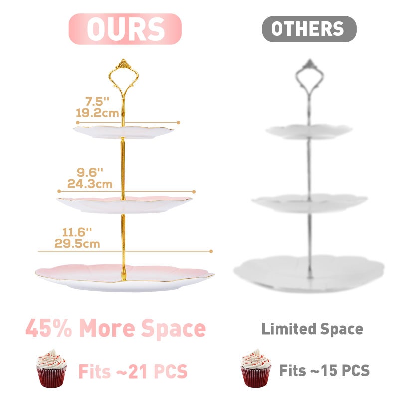 DUJUST Luxury Larger 3-Tier Cupcake Stand Tower, British Style Porcelain Serving Tray with Golden Trim, Food Grade Dessert Display Stand for Tea Party & Home DÃ©cor - 45% Gradient Pink Larger Plates - Image 5