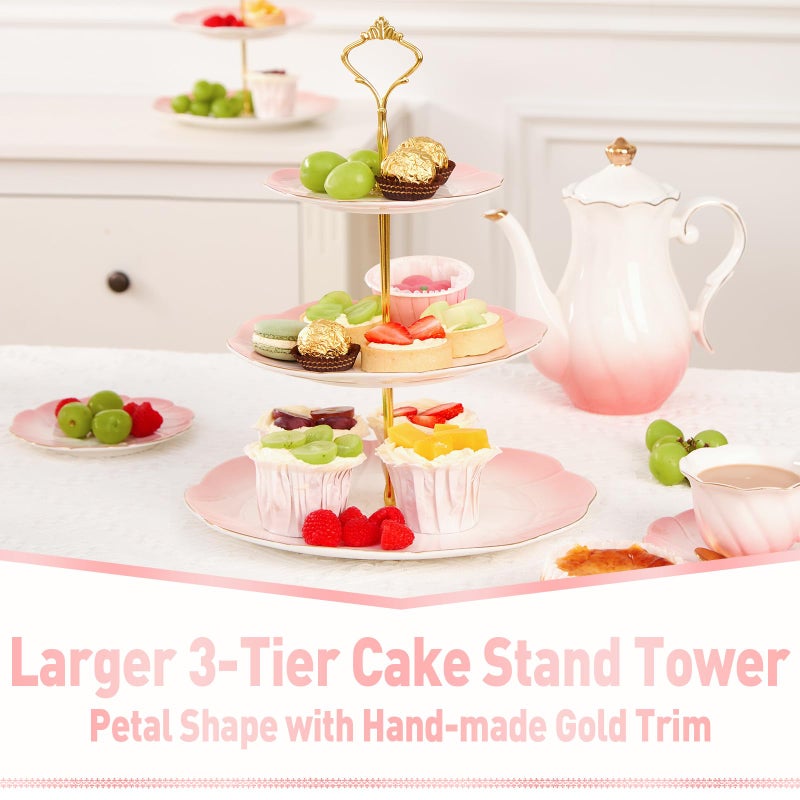 DUJUST Luxury Larger 3-Tier Cupcake Stand Tower, British Style Porcelain Serving Tray with Golden Trim, Food Grade Dessert Display Stand for Tea Party & Home DÃ©cor - 45% Gradient Pink Larger Plates - Image 2