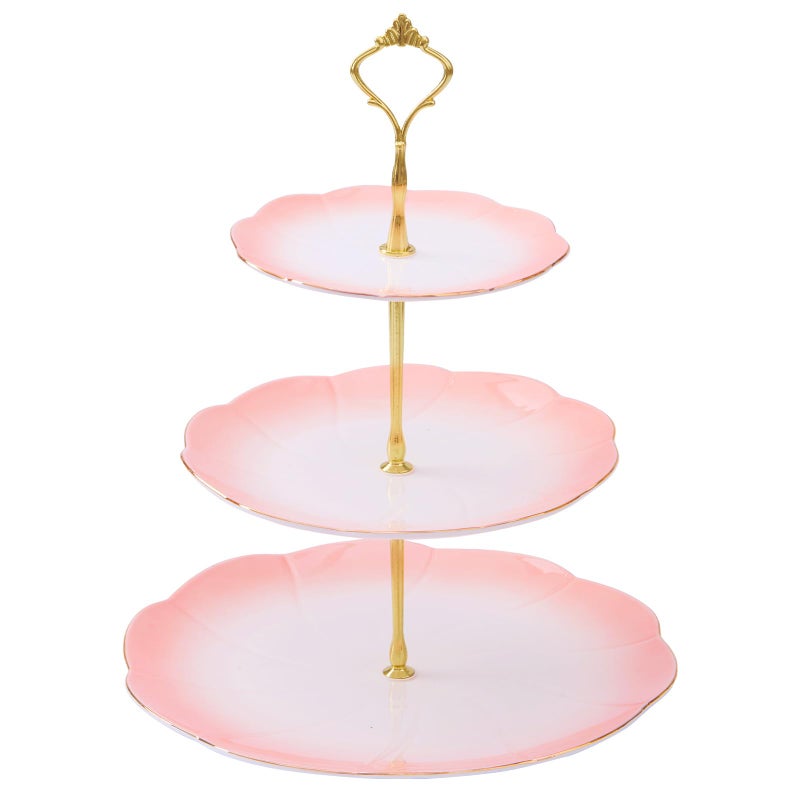 DUJUST Luxury Larger 3-Tier Cupcake Stand Tower, British Style Porcelain Serving Tray with Golden Trim, Food Grade Dessert Display Stand for Tea Party & Home DÃ©cor - 45% Gradient Pink Larger Plates - Image 1