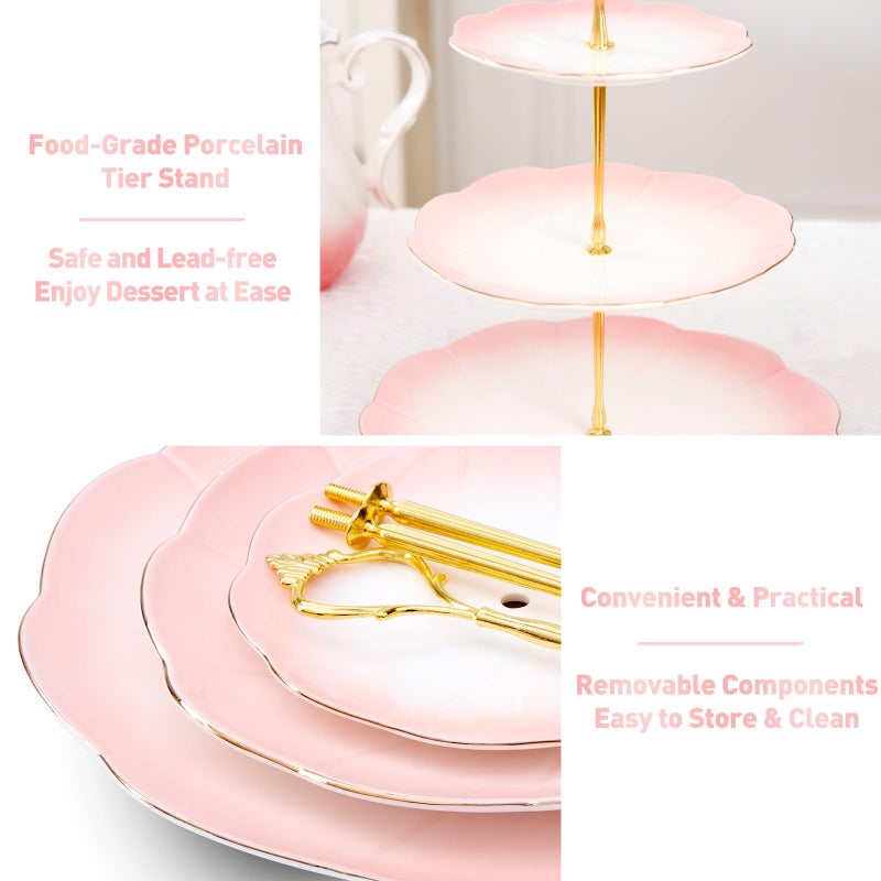 DUJUST Luxury Larger 3-Tier Cupcake Stand Tower, British Style Porcelain Serving Tray with Golden Trim, Food Grade Dessert Display Stand for Tea Party & Home DÃ©cor - 45% Gradient Pink Larger Plates - Image 4