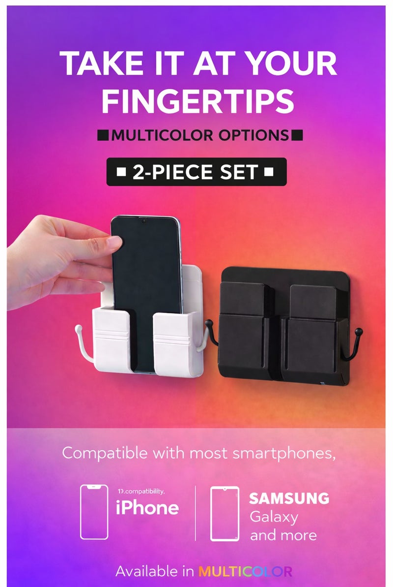 2-Piece Wall Mounted Phone Holder, Universal Smartphone Stand for iPhone & Samsung, Space-Saving Desk Organizer for Home Office & Workspace - Image 1
