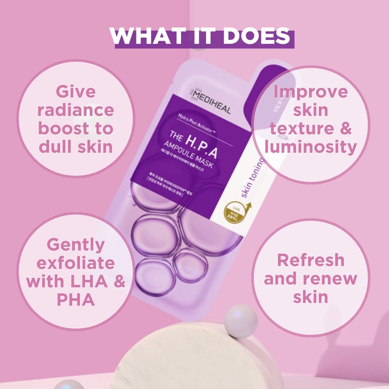 Mediheal Official Best No.1 Korean Sheet Mask - HPA Ampoule Face Mask 10 Sheets for Smoothing, and Instant Glow with LHA & PHA - Image 3