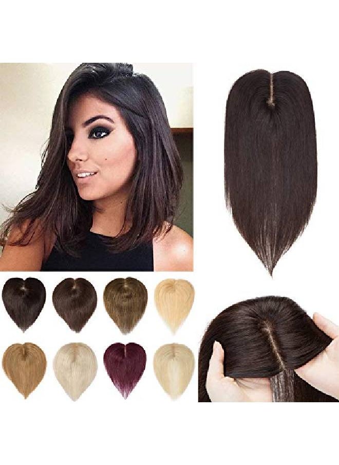 S-noilite - Human Hair Toppers 130% Density Hand Made Silk Base Clip In Topper Top Hair Pieces For Women With Thinning Hair/Hair Loss Cover Gray Hair 12Inch 40G 2 Dark Brown - Image 1