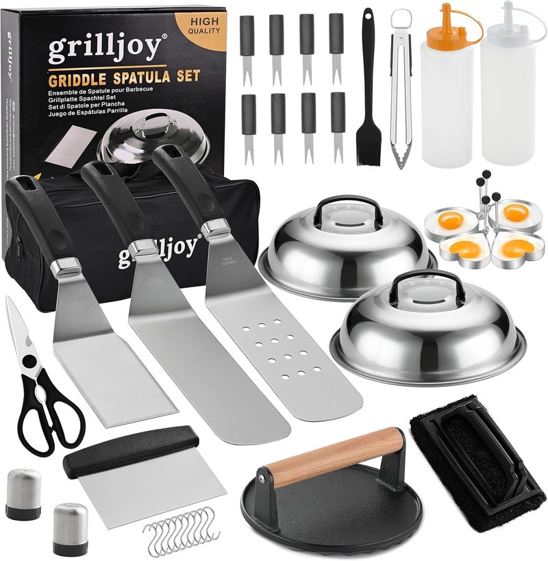 grilljoy طقم ملحقات الشواية الاحترافية مع مكبس البرجر - ملعقة شواية سميكة إضافية، مقلّب، مقلب - 38 قطعة أدوات شواية مسطحة للشواء في الهواء الطلق، تبيانيكي، التخييم والطهي - Image 1