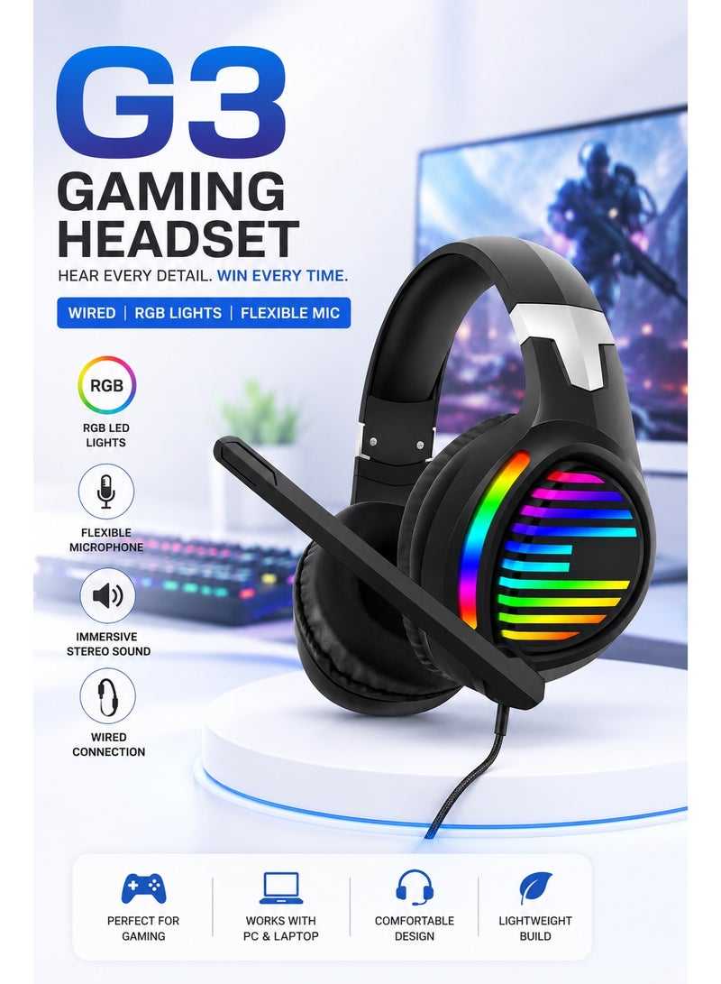 هيد سيتس سماعة رأس للألعاب G3 سلكية مزودة بإضاءة RGB LED وميكروفون مرن، سماعات رأس موسيقية ستيريو رباعية الأبعاد لأجهزة الكمبيوتر الشخصية، وPS4، وPS5، وSwitch - Image 1