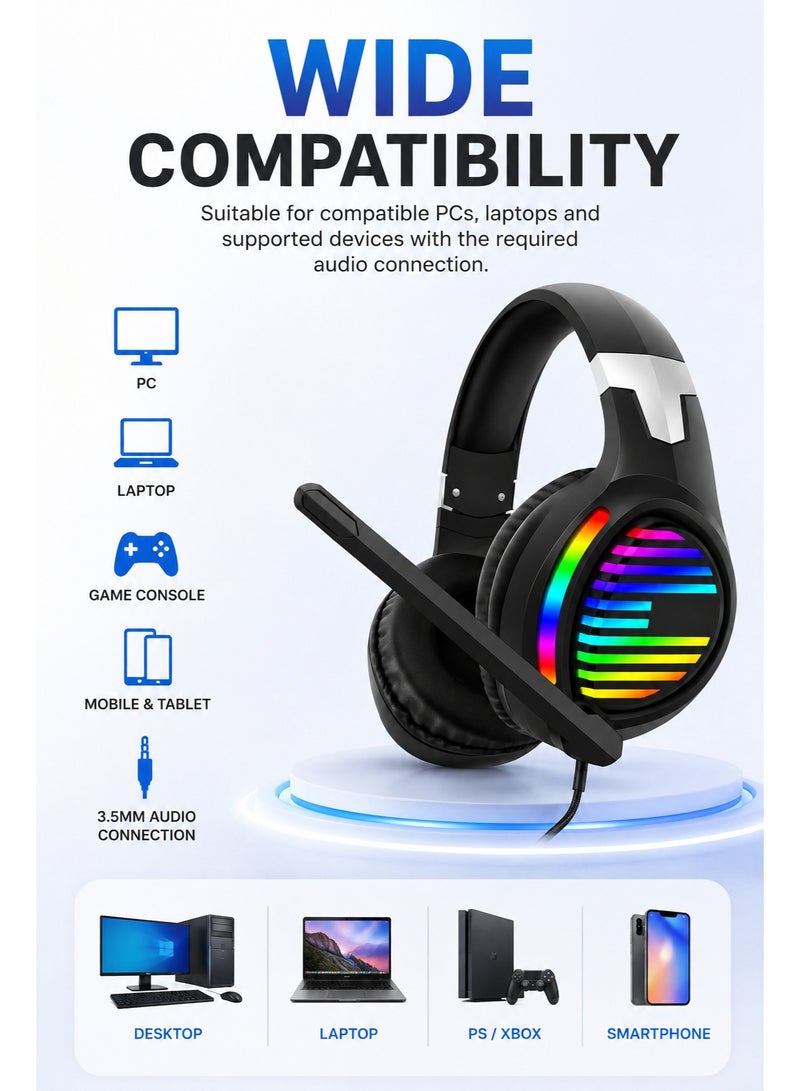 هيد سيتس سماعة رأس للألعاب G3 سلكية مزودة بإضاءة RGB LED وميكروفون مرن، سماعات رأس موسيقية ستيريو رباعية الأبعاد لأجهزة الكمبيوتر الشخصية، وPS4، وPS5، وSwitch - Image 4