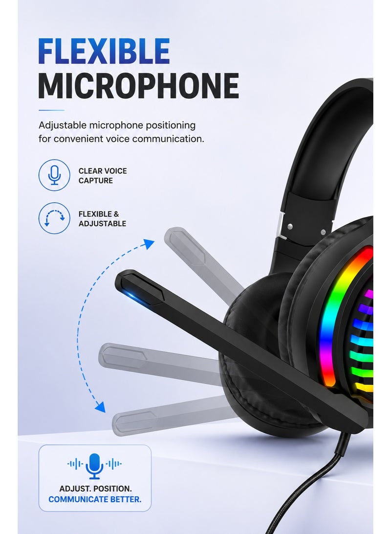 هيد سيتس سماعة رأس للألعاب G3 سلكية مزودة بإضاءة RGB LED وميكروفون مرن، سماعات رأس موسيقية ستيريو رباعية الأبعاد لأجهزة الكمبيوتر الشخصية، وPS4، وPS5، وSwitch - Image 2