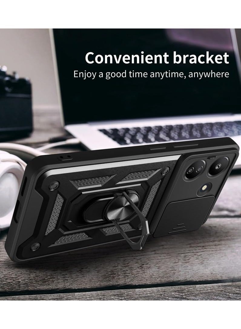 for Redmi 13C 5G Case, Slide Camera Lens Cover, Magnetic Ring Holder Kickstand Protective Phone Case for Redmi 13C 5G, Black - Image 3