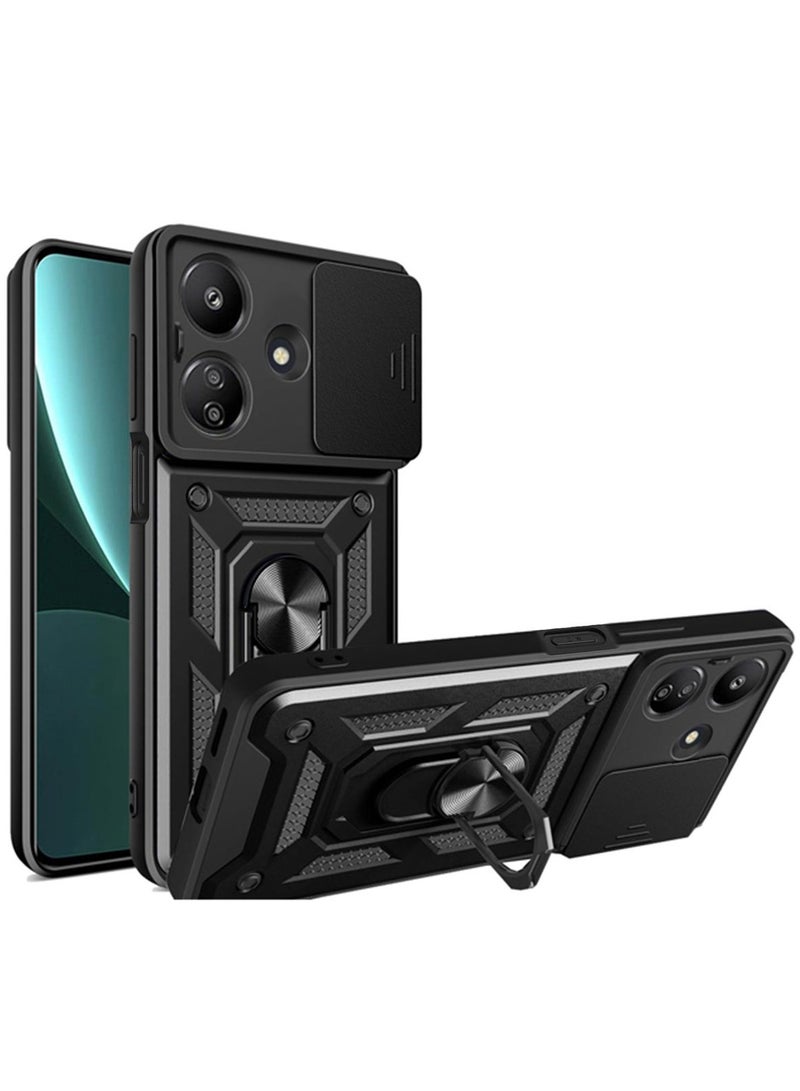 for Redmi 13C 5G Case, Slide Camera Lens Cover, Magnetic Ring Holder Kickstand Protective Phone Case for Redmi 13C 5G, Black - Image 1