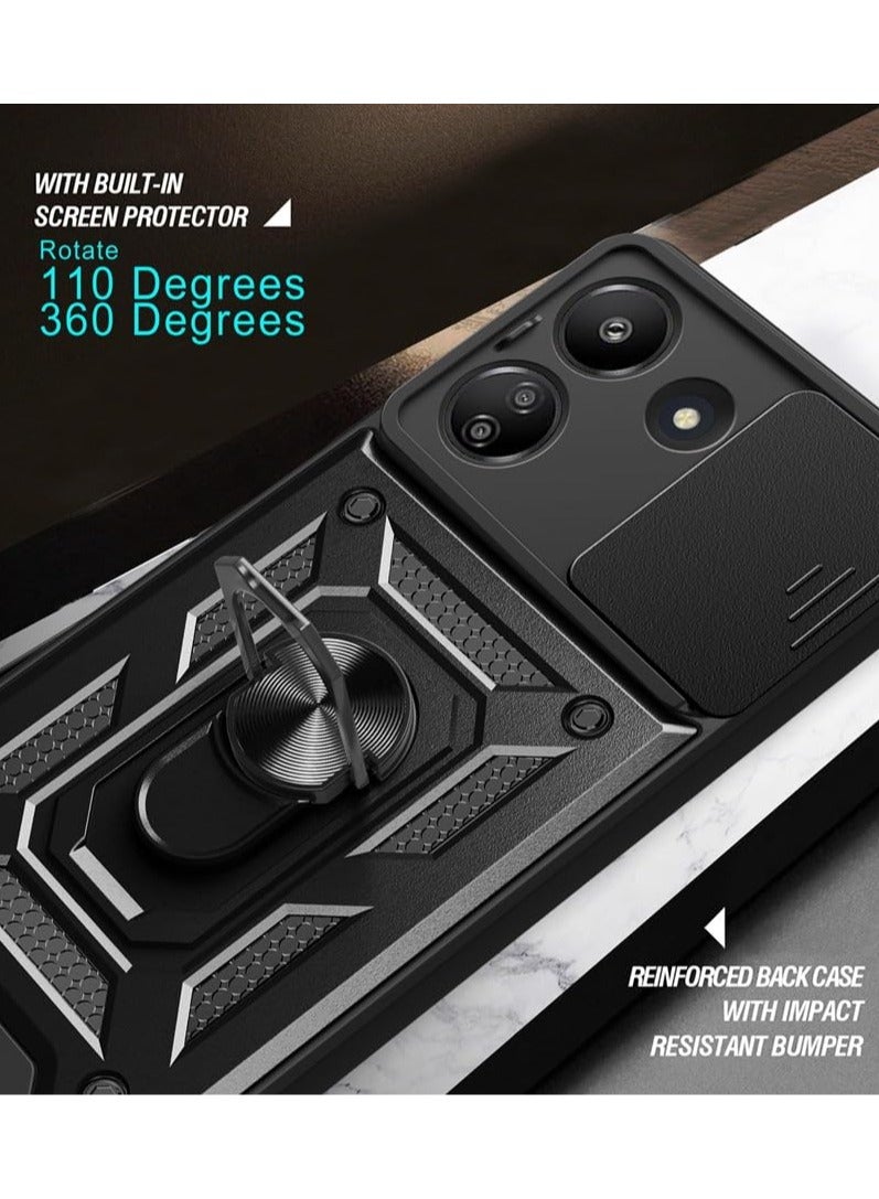 for Redmi 13C 5G Case, Slide Camera Lens Cover, Magnetic Ring Holder Kickstand Protective Phone Case for Redmi 13C 5G, Black - Image 5