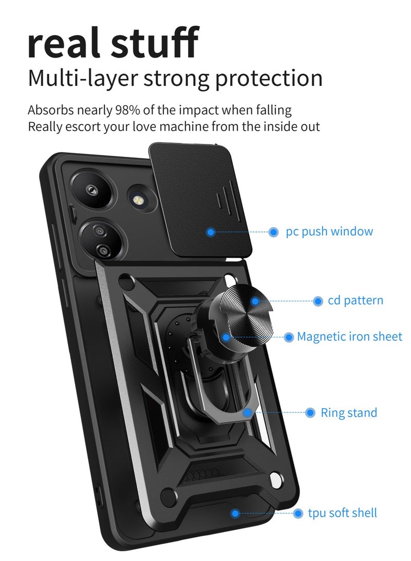 for Redmi 13C 5G Case, Slide Camera Lens Cover, Magnetic Ring Holder Kickstand Protective Phone Case for Redmi 13C 5G, Black - Image 4