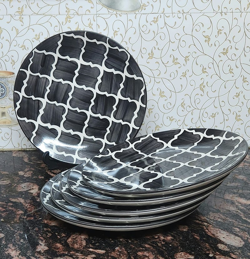 VolCraft Black Moroccan Ceramic Dinner Plates Set of 6, Hand-Painted Full Ceramic Plates for Dinner (10 inches, 6 Pieces, Microwave Safe) - Image 1