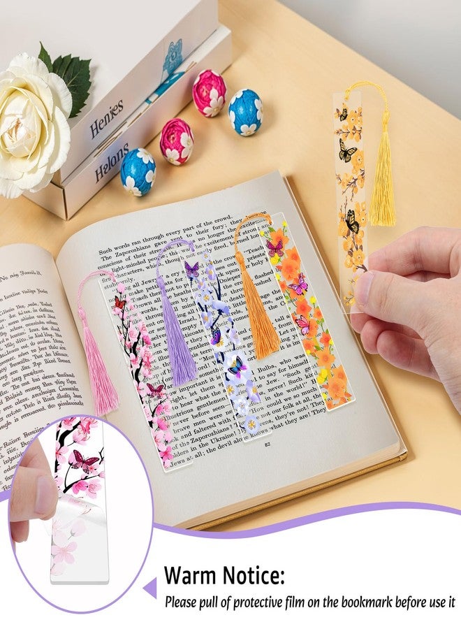 أوباكا أربع قطع من فواصل الكتب المصنوعة من الزهور المضغوطة، فاصل كتب أكريليك شفاف مع شرابات، فواصل كتب بتصميم زهرة الفراشة للنساء القارئات، إكسسوارات لطيفة لوضع علامات الكتب كهدية لمحبي الكتب (4 ألوان) - Image 2