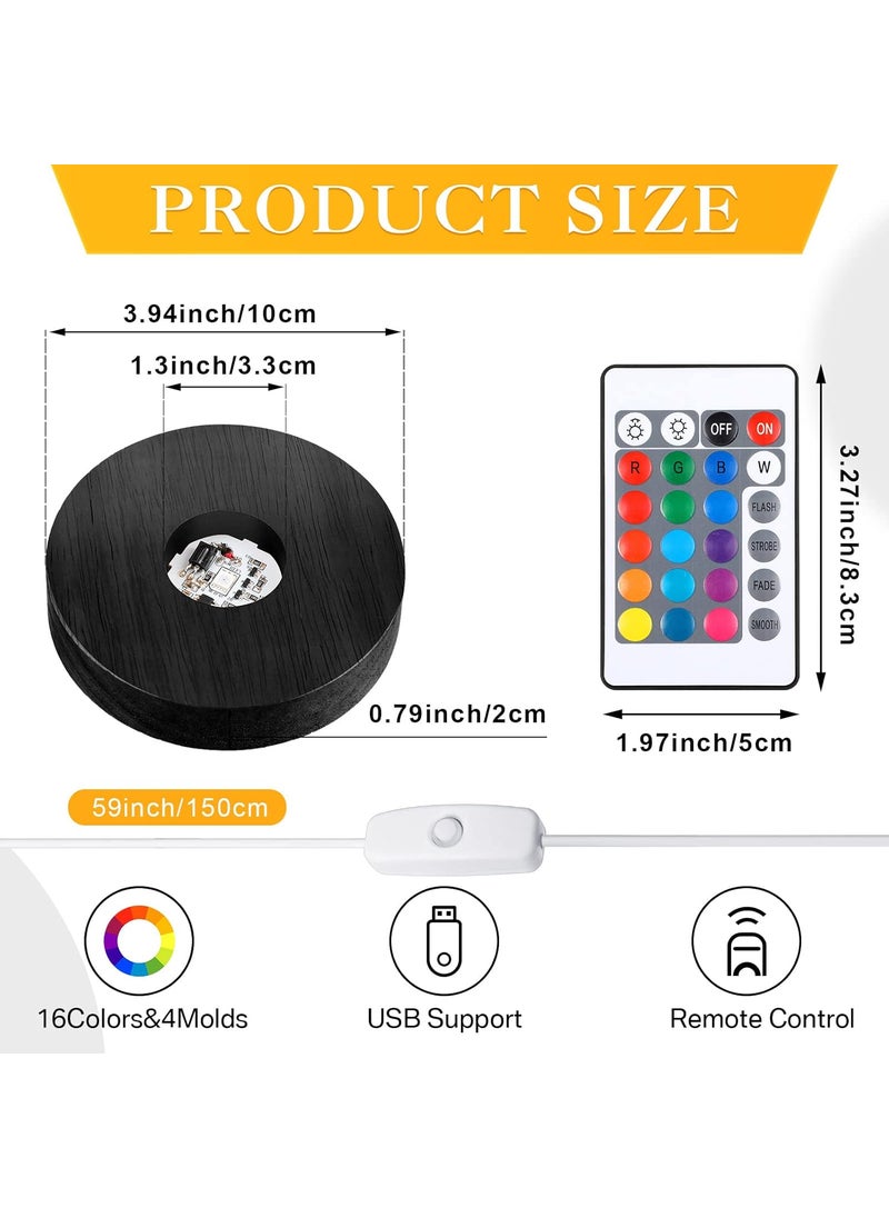 Riakrum 4 Pieces Wood LED Display Light Base Crystal Display Base Stand Round 16 Lighting Modes Wooden Lighted Round Holder Colorful Pedestal for Crystal Glass Resin Ball Black  - Image 4