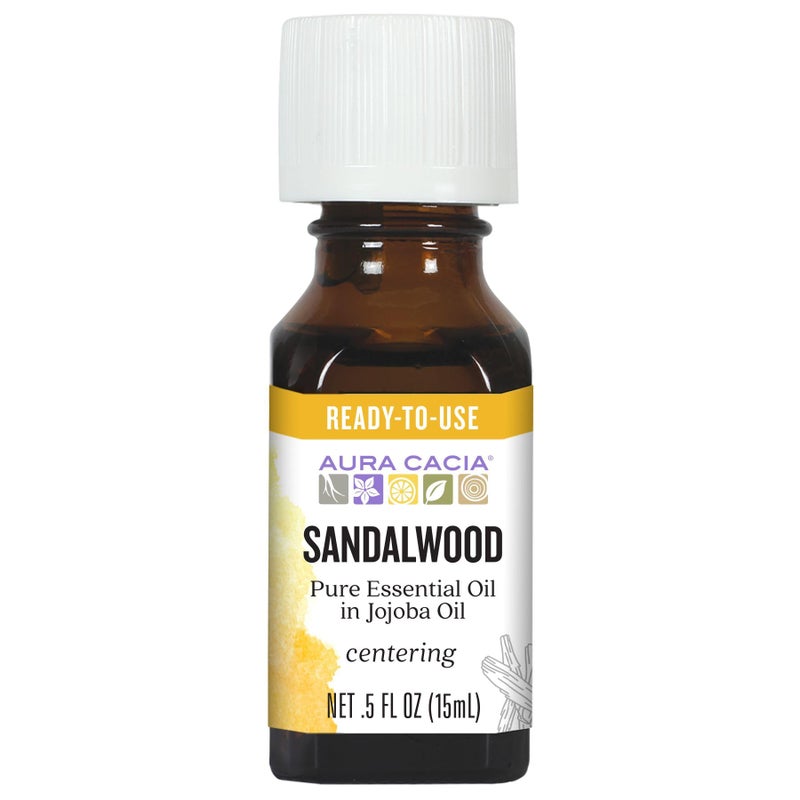 Aura Cacia Sandalwood Essential Oil in Jojoba Oil, 0.5 fl. oz., Woodsy, Balsamic-Like Aroma for Skin Care & Centering