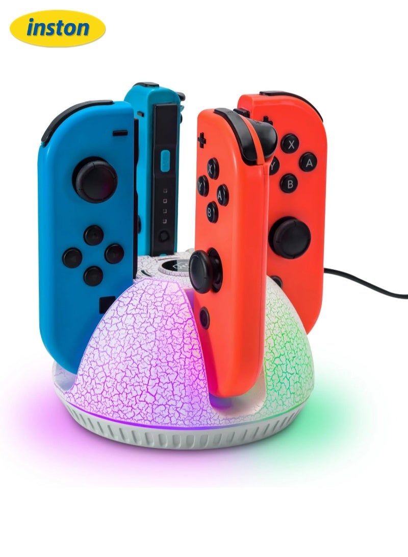 inston Charging dock for Nintendo Switch Joy-Con controllers, charges 4 Joy-Con controllers, charging station compatible with Switch OLED accessories, with colorful lights and charging cable (White) - Image 1