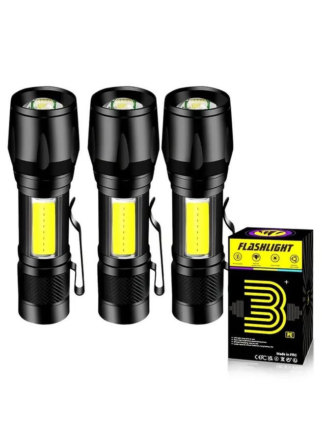 3 قطع مصباح يدوي صغير عالي السطوع من نوع COB، محمول وقابل لإعادة الشحن للتخييم وركوب الدراجات - Image 1