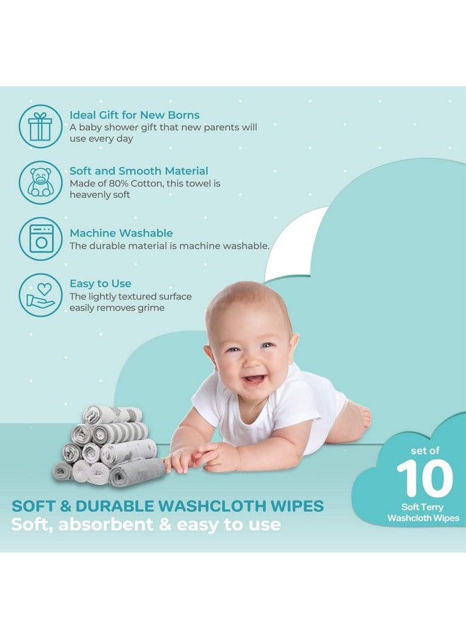 Spasilk Washcloth Wipes Set For Newborn Boys And Girls, Soft Terry Washcloth Set, Pack Of 10, Gray Celestial  - Image 4