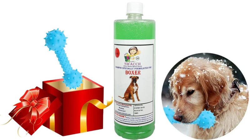 swacch Boxer Dog Shampoo + Dumbbell Toy I Durable Rubber Dog Toy for Chewing I Playing,Teeth Cleaning & Training Toy I Combo Pack I 1 Litre Neem Alovera - Image 1
