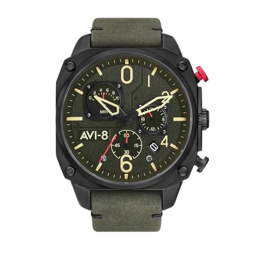 AVI-8 Mens 45mm Hawker Hunter Retrograde Chronograph Deep Green Black Japanese Quartz Pilot Watch with Leather Strap AV-4052-08 - Image 1