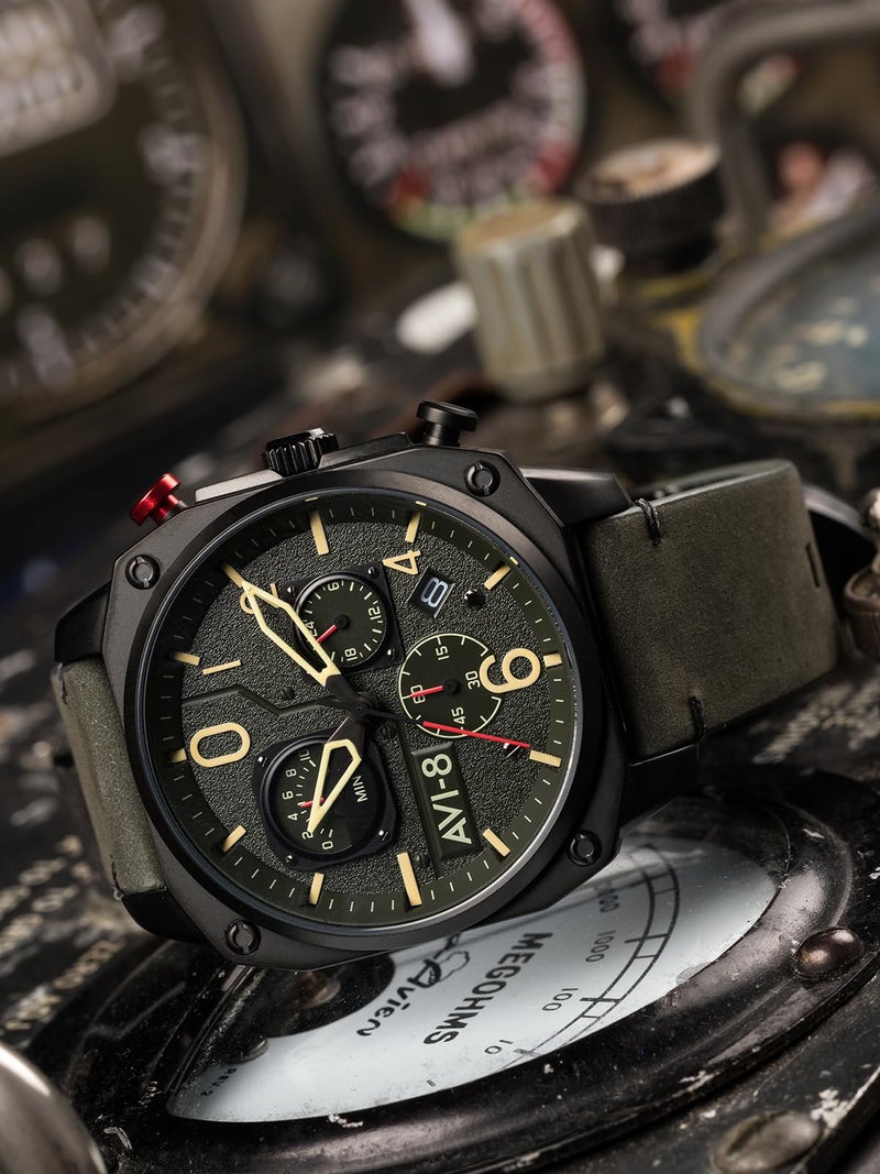 AVI-8 Mens 45mm Hawker Hunter Retrograde Chronograph Deep Green Black Japanese Quartz Pilot Watch with Leather Strap AV-4052-08 - Image 2