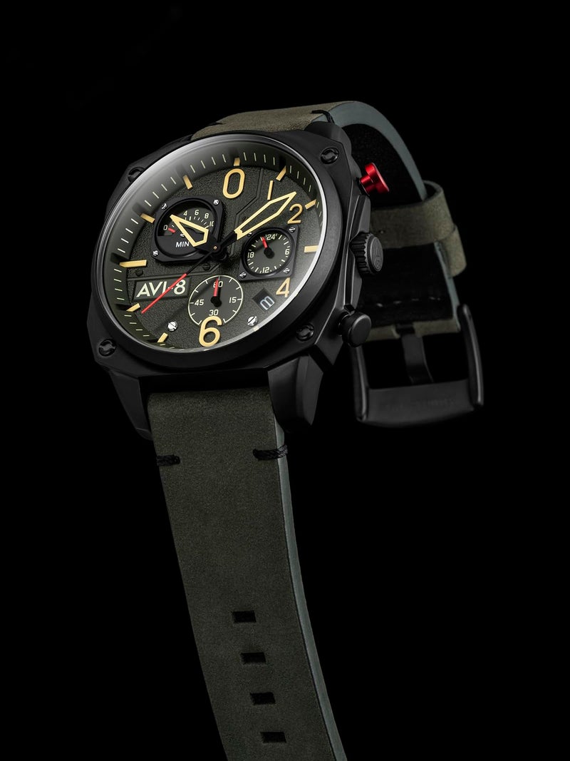 AVI-8 Mens 45mm Hawker Hunter Retrograde Chronograph Deep Green Black Japanese Quartz Pilot Watch with Leather Strap AV-4052-08 - Image 5