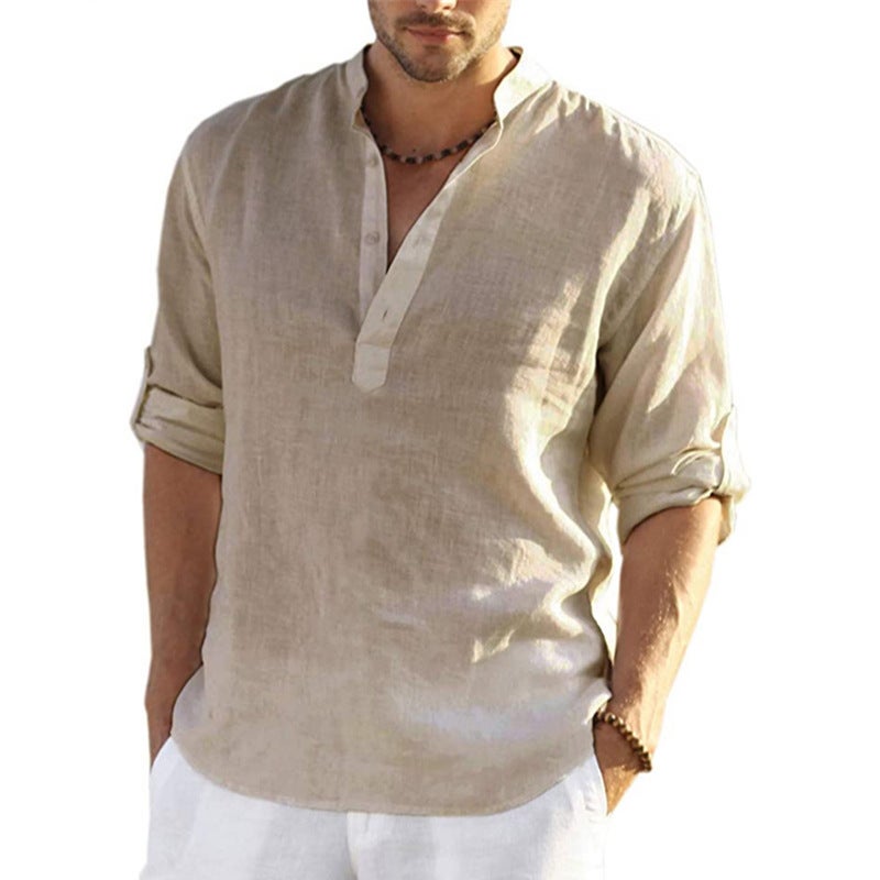 2025 New Men's Linen Long-Sleeved T-Shirt Export Loose Large Size Undershirt Pure Color Long-Sleeved Cotton and Linen Shirt Men's Clothing - Image 4