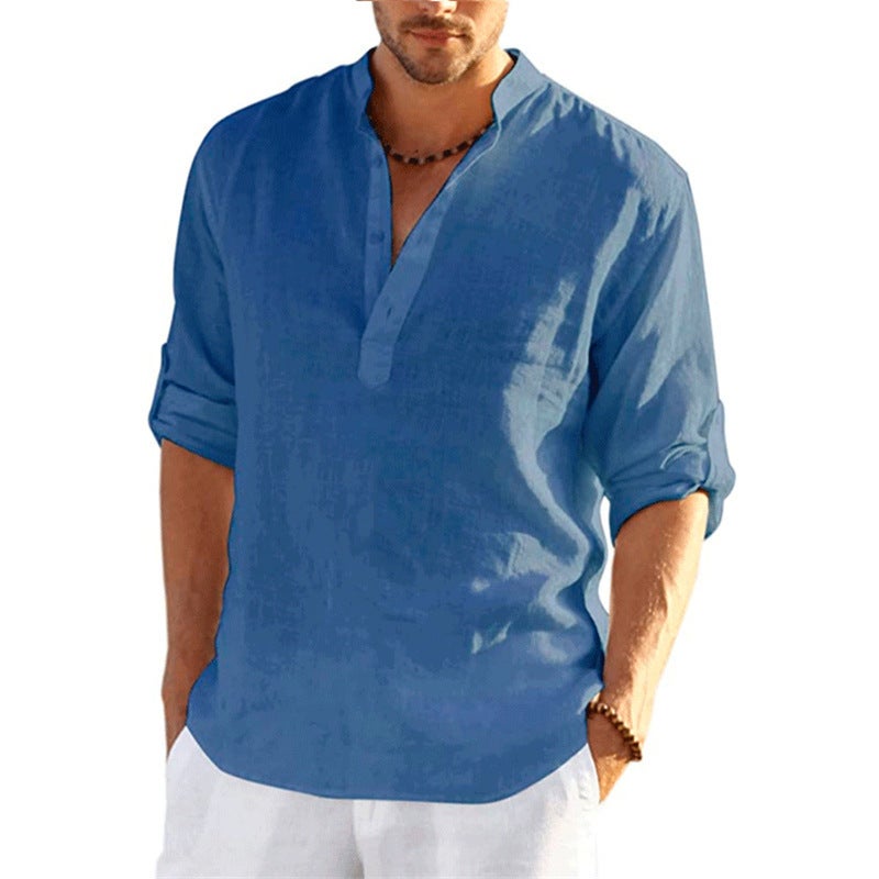 2025 New Men's Linen Long-Sleeved T-Shirt Export Loose Large Size Undershirt Pure Color Long-Sleeved Cotton and Linen Shirt Men's Clothing - Image 5