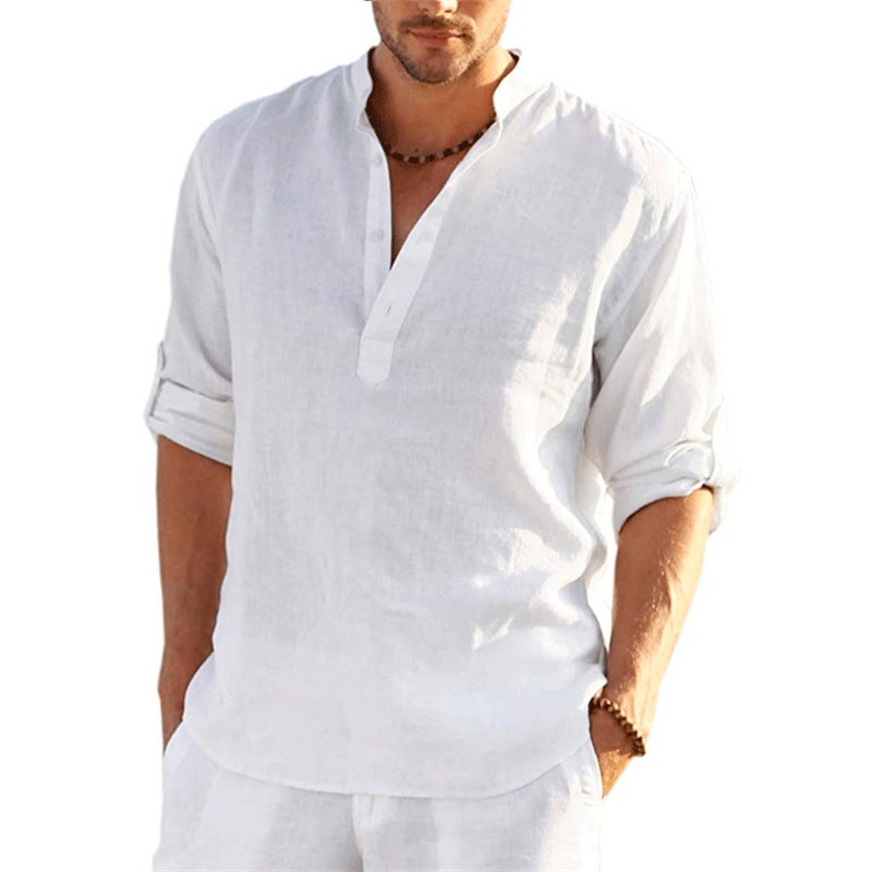 2025 New Men's Linen Long-Sleeved T-Shirt Export Loose Large Size Undershirt Pure Color Long-Sleeved Cotton and Linen Shirt Men's Clothing - Image 3