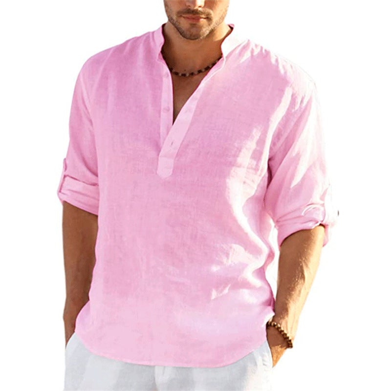 2025 New Men's Linen Long-Sleeved T-Shirt Export Loose Large Size Undershirt Pure Color Long-Sleeved Cotton and Linen Shirt Men's Clothing - Image 1