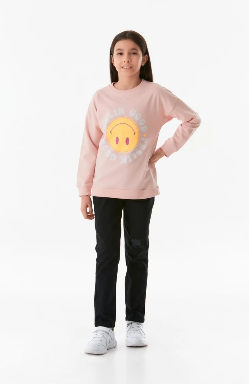 فولامودا Smile Printed Crew Neck Girls Sweatshirt