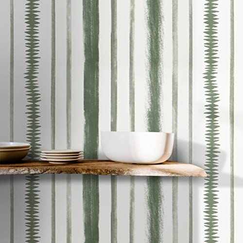 Timeet Peel and Stick Wallpaper Dark Green and White Contact Paper 17.3"×78.7" Line Stripe Removable Self Adhesive Wall Paper for Bedroom Living Room Bathroom Wall Covering Vinyl Roll - Image 1