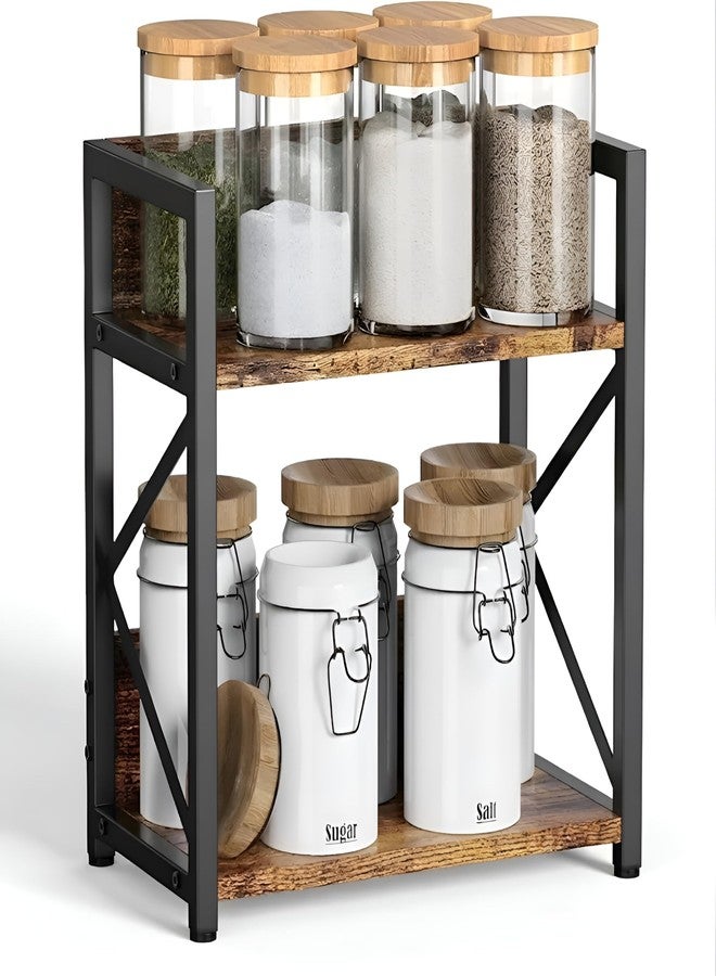 Yookeer Kitchen Organizer Rack, Spice Rack Organizer, 2-Tier Spice Rack, Rustic Brown and Black, Metal and Wood, Counter Top Storage Organiser, 33.2 x 19.3 x 34.8 cm - Image 5