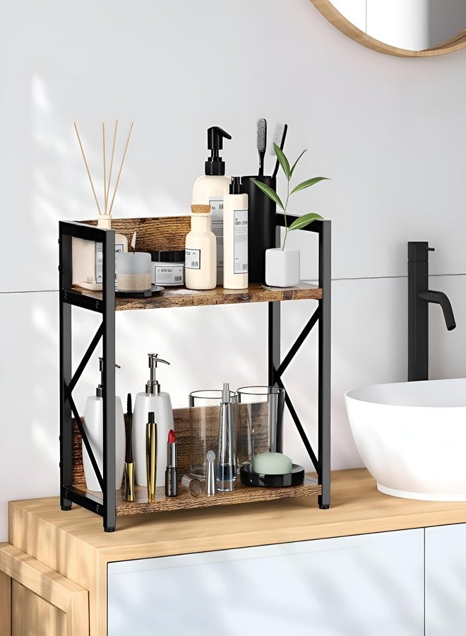 Yookeer Kitchen Organizer Rack, Spice Rack Organizer, 2-Tier Spice Rack, Rustic Brown and Black, Metal and Wood, Counter Top Storage Organiser, 33.2 x 19.3 x 34.8 cm - Image 4