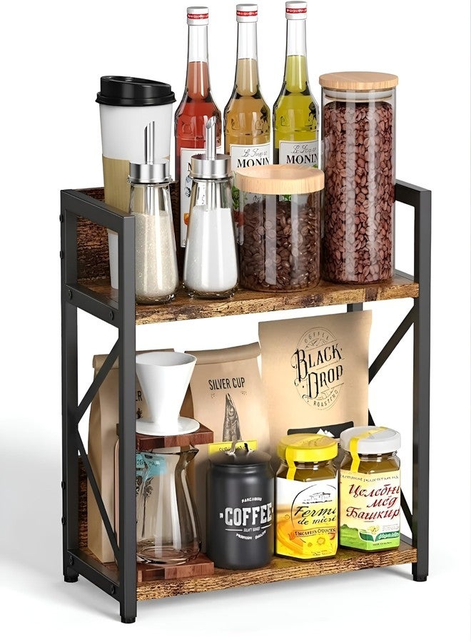 Yookeer Kitchen Organizer Rack, Spice Rack Organizer, 2-Tier Spice Rack, Rustic Brown and Black, Metal and Wood, Counter Top Storage Organiser, 33.2 x 19.3 x 34.8 cm - Image 1