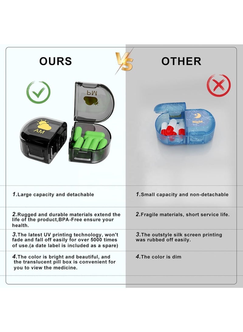 Zikra Removable Pill Box Organizer, 2 Compartments Small Pill Box AM PM, Portable 3 Day Travel Pill Organizer, Daily Pill Organizer for Vitamins, Medication, Supplements, Fish Oils, Black - Image 2