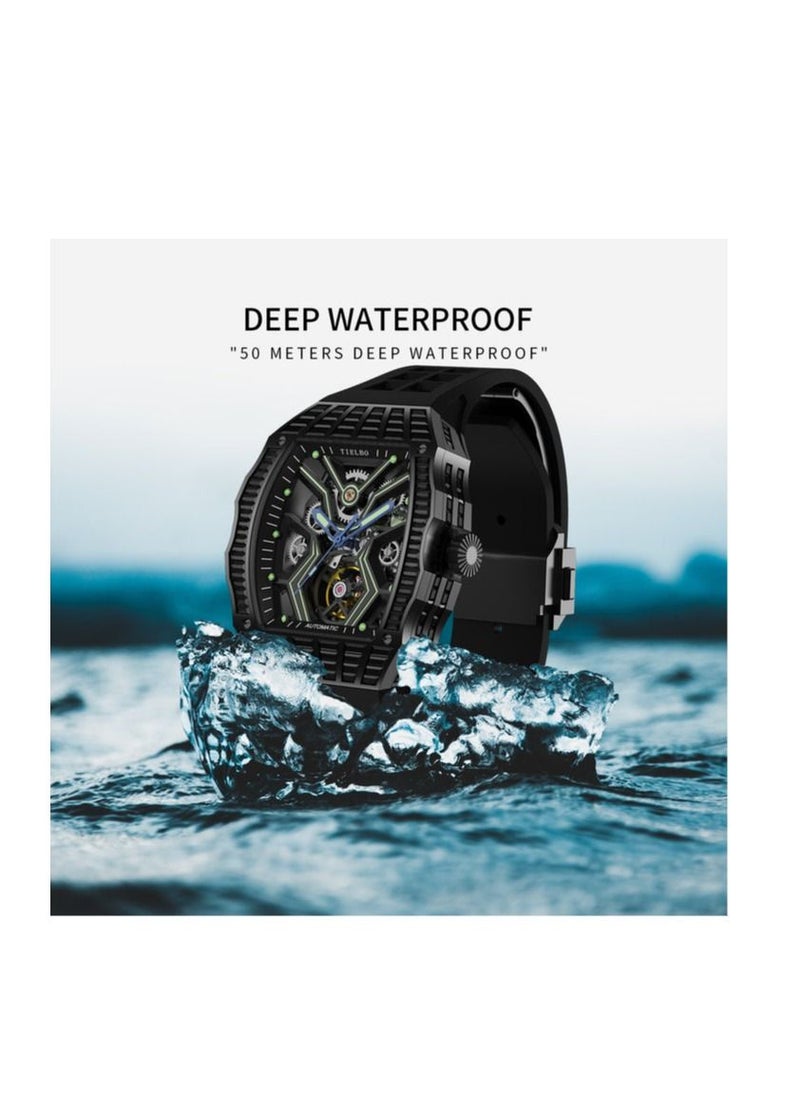 TIELBO - TIELBO Automatic Watches for Men - Mechanical Watch for Men's - Luxury Skeleton Analogue Watches for Men 50M Waterproof Tonneau Work Mens Wrist Watch Original Design Square Big Face Cool Wristwatch Si - Image 1
