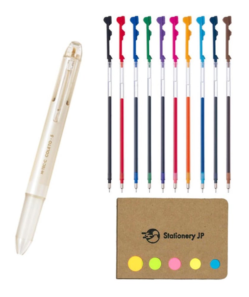 Stationery JP Pilot Hi-tec-c Coleto 5 Color Multi Pen Body Component, Cream Pearl, Rubber grip, 0.3mm 10 Color Ink Refills, Sticky Notes Value Set - Image 1