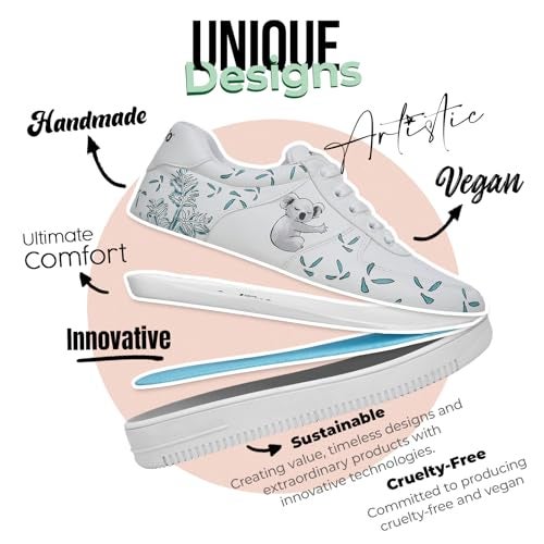 DOGO White Sneakers for Women - Handmade Women's Fashion Sneakers, Vegan Leather and Unique Design Dice Sneakers Koala Hug Design, Size 8 - Image 4